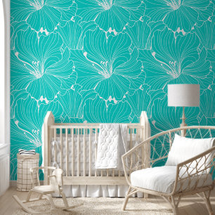 White and turquoise floral tile pattern wallpaper