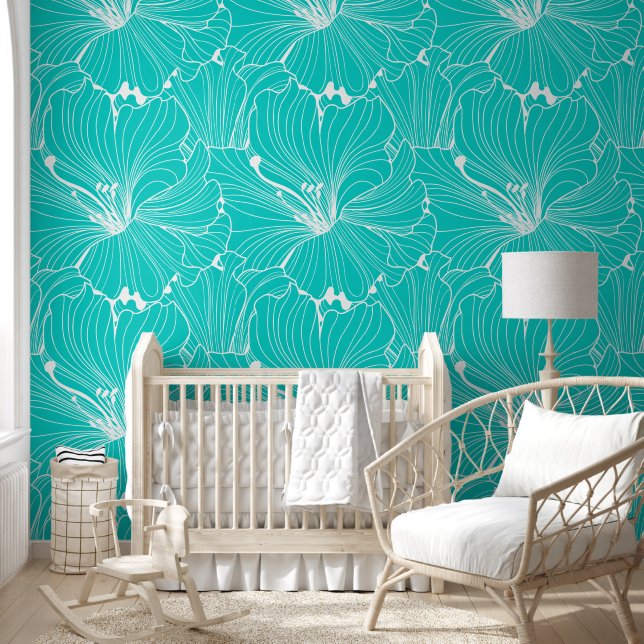 White and turquoise floral tile pattern wallpaper (Kids)