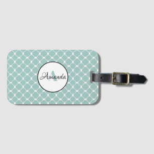 white and turquoise ,geometric, personalised luggage tag