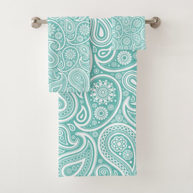 White and turquoise paisley pattern bath towel set (Insitu)