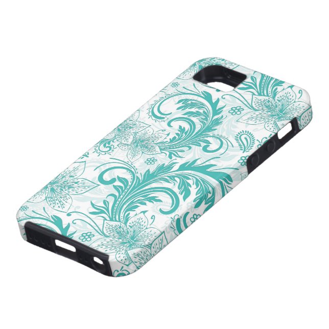 White And Turquoise Retro Flower Large Pattern Case-Mate iPhone Case (Bottom)