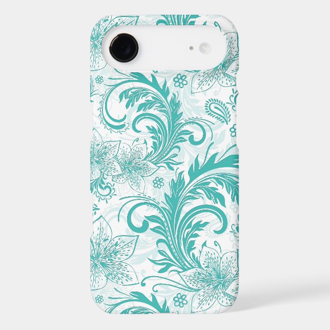 White And Turquoise Retro Flower Large Pattern Case-Mate iPhone Case (Back)