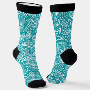 White and turquoise vintage floral paisley pattern socks