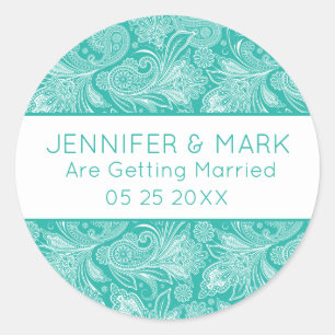 White and Turquoise Vintage Paisley Pattern Classic Round Sticker