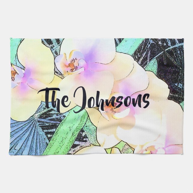 White and Violet Orchids Tea Towel (Horizontal)