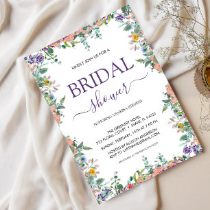  White and Violet Watercolor Flower Bridal Shower  Invitation