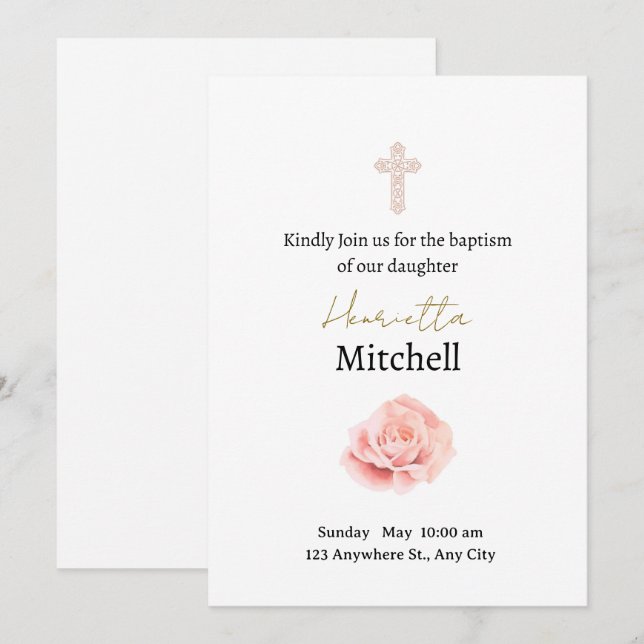 White and Watercolour Rose Delicate Baptism Invitation (Front/Back)
