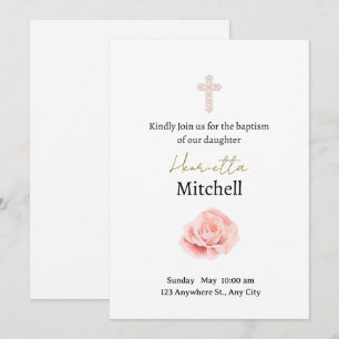 White and Watercolour Rose Delicate Baptism Invitation