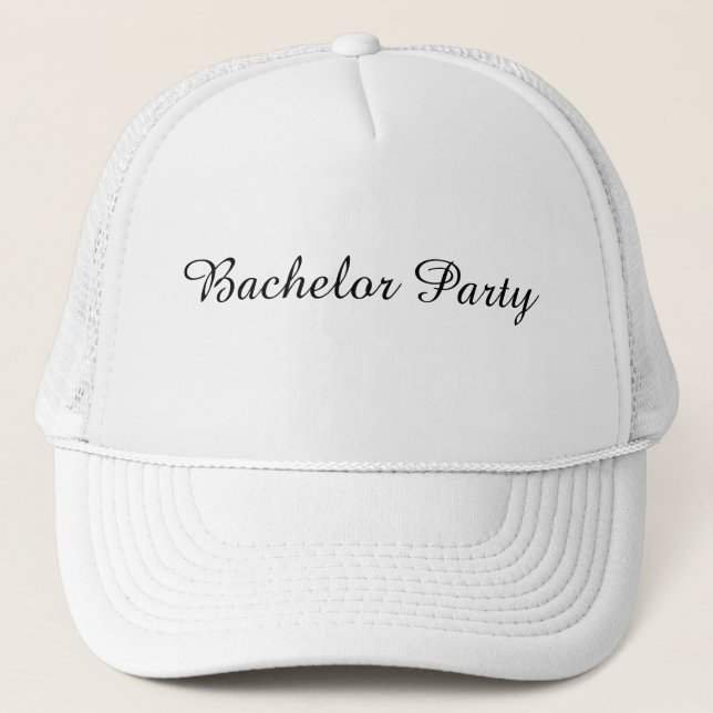 White and White Colour Bachelor Party Text Trucker Hat (Front)