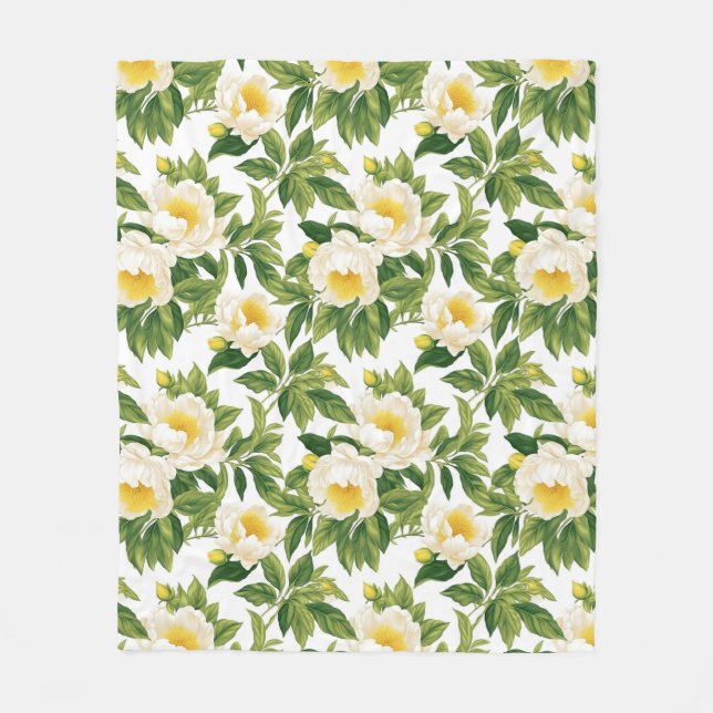 White and yellow Claire de Lune peonies Fleece Blanket (Front)