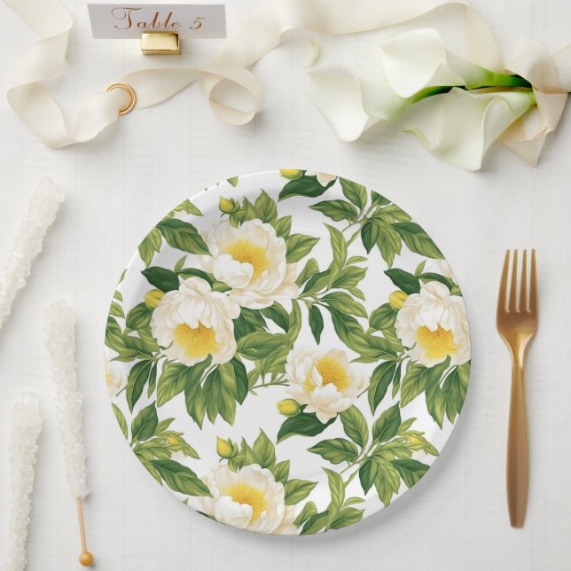 White and yellow Claire de Lune peonies Paper Plate (Wedding)
