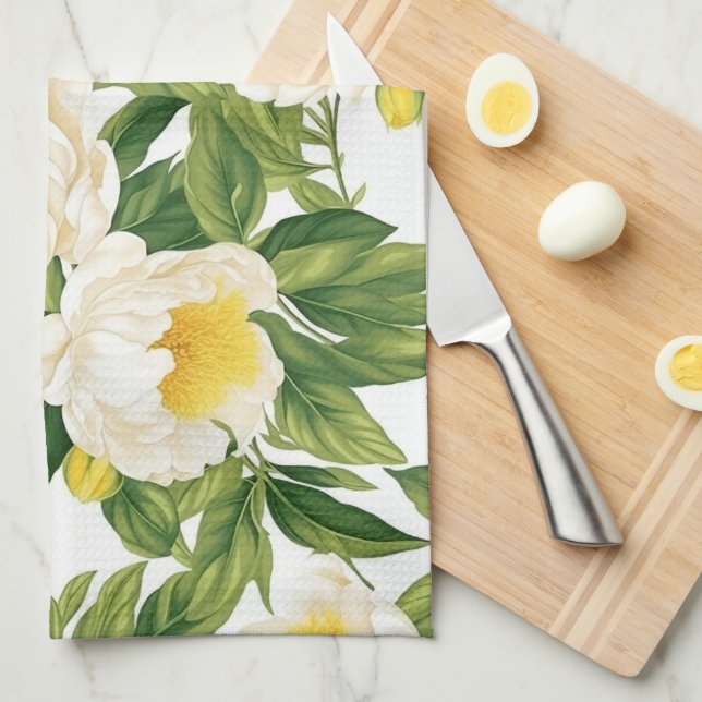 White and yellow Claire de Lune peonies Tea Towel (Quarter Fold)