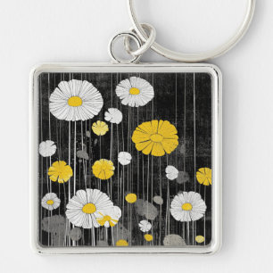 White and Yellow Daisies on Grey Black Key Ring