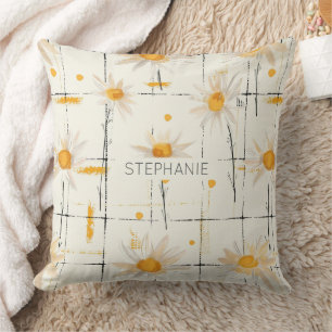 White and Yellow Daisies - Rustic Plaid Background Cushion