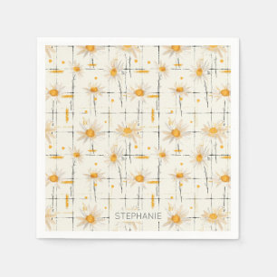 White and Yellow Daisies - Rustic Plaid Background Napkin