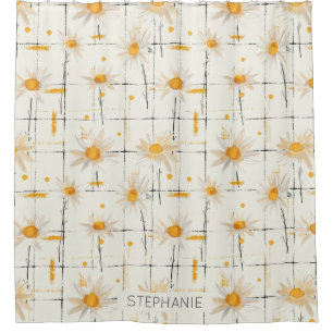 White and Yellow Daisies - Rustic Plaid Background Shower Curtain