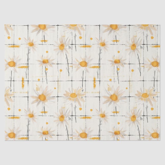 White and Yellow Daisies - Rustic Plaid Background Tissue Paper (Front)