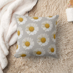 White and Yellow Daisy Pattern Grey Floral Cushion