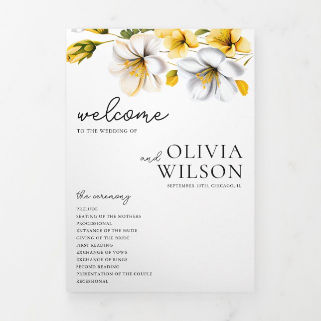 White and Yellow Floral Wedding Program Timeline Tri-Fold Invitation (Cover)