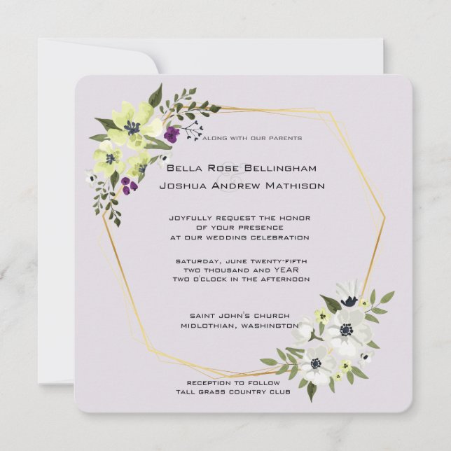 White and Yellow Floral with Gold Wedding Invitation (Front)