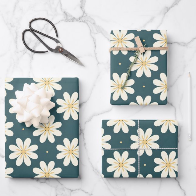 White and Yellow flower pattern Wrapping Paper Sheet (Front)