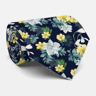White and Yellow Flowers Floral Pattern Tie