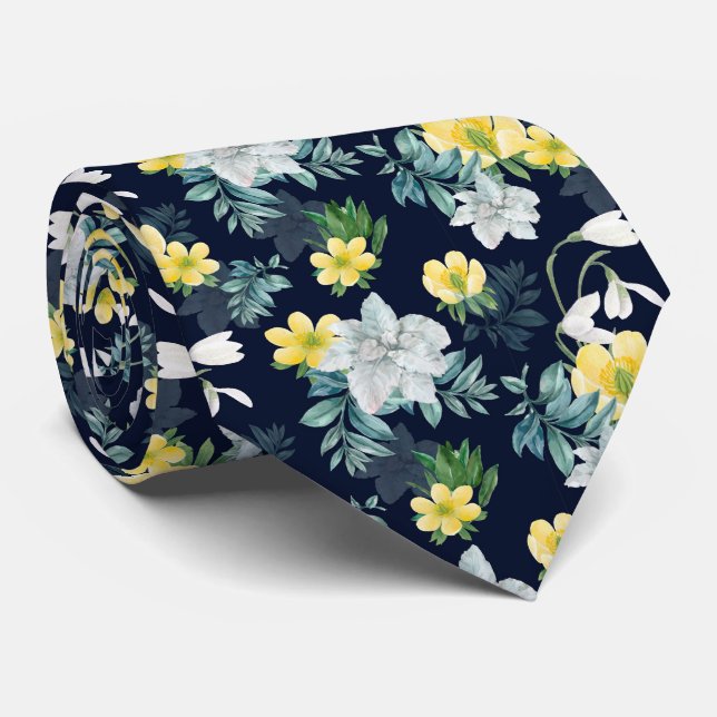 White and Yellow Flowers Floral Pattern Tie (Rolled)