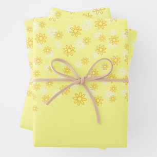 White and Yellow Flowers on Pastel Yellow Wrapping Paper Sheet