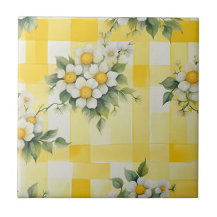 White and Yellow Flowers on Yellow Farmhouse Check Tile