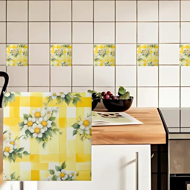 White and Yellow Flowers on Yellow Farmhouse Check Tile (Creator Uploaded)