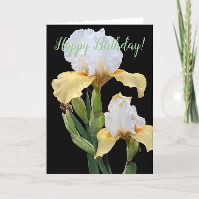 White and Yellow Irises Floral Birthday Card (Front)