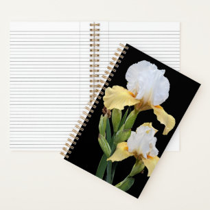 White and Yellow Irises on Black Floral Notebook