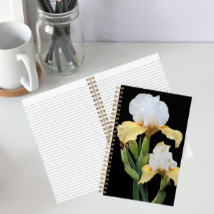 White and Yellow Irises on Black Floral Notebook