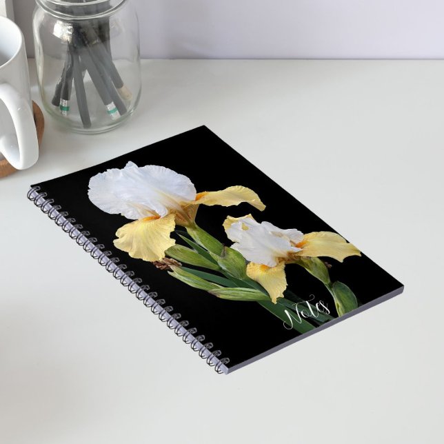White and Yellow Irises on Black Floral Notebook (In Situ)