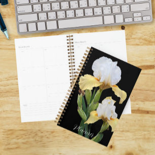 White and Yellow Irises on Black Floral Planner