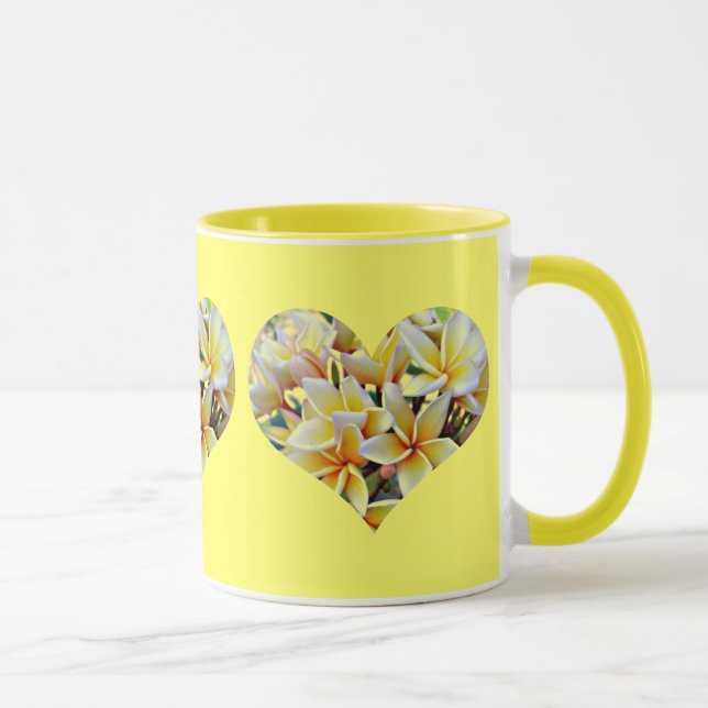 White and Yellow Plumeria Hearts on Yellow Mug (Right)