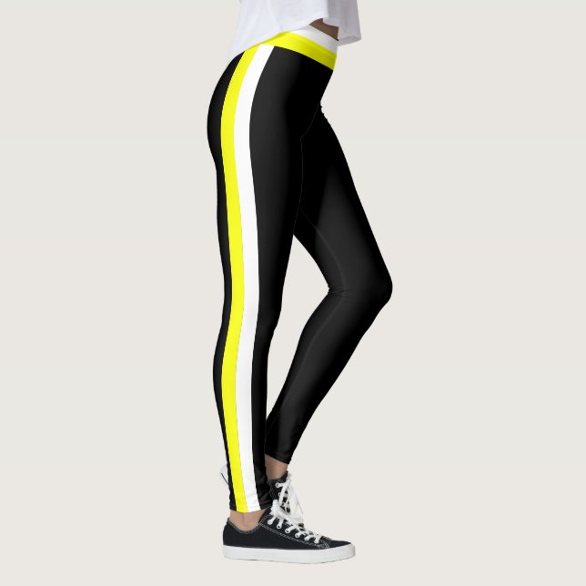White and Yellow Side Stripe Black Sports Leggings (Right)