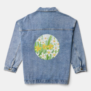White and Yellow Spring Daffodils Illustration Denim Jacket