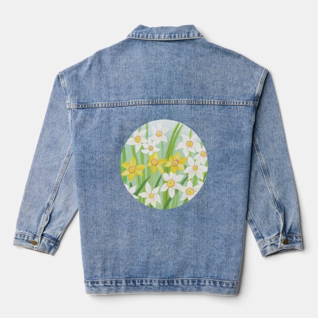 White and Yellow Spring Daffodils Illustration Denim Jacket (Back)