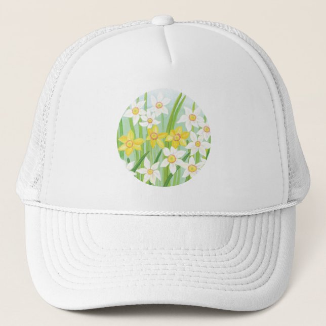 White and Yellow Spring Daffodils Illustration Trucker Hat (Front)
