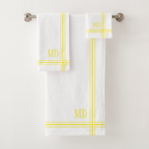 White and Yellow Striped Custom Initials Bath Towel Set