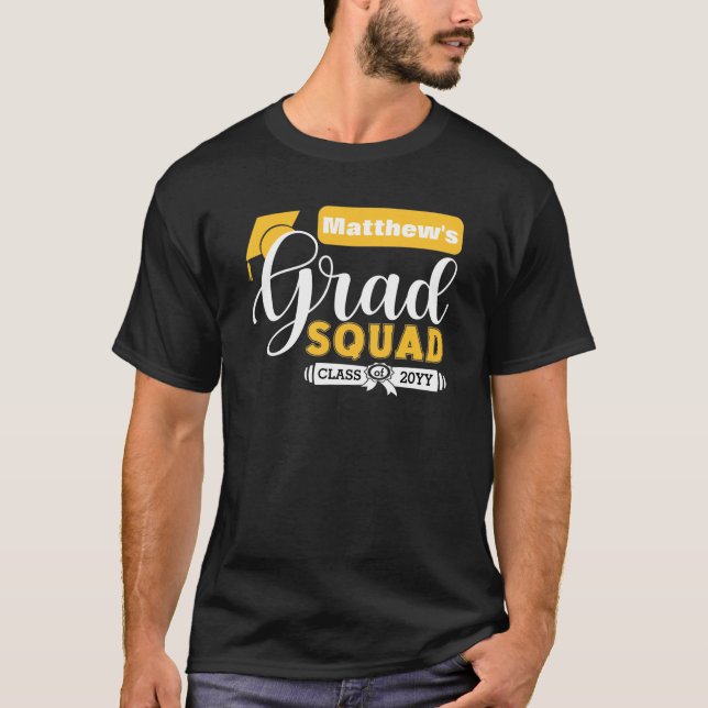 White and Yellow Text Male's Black Grad Squad T-Shirt (Front)