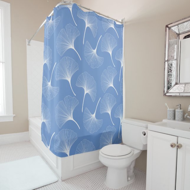 White andd blue abstract leaves pattern shower curtain (In Situ)