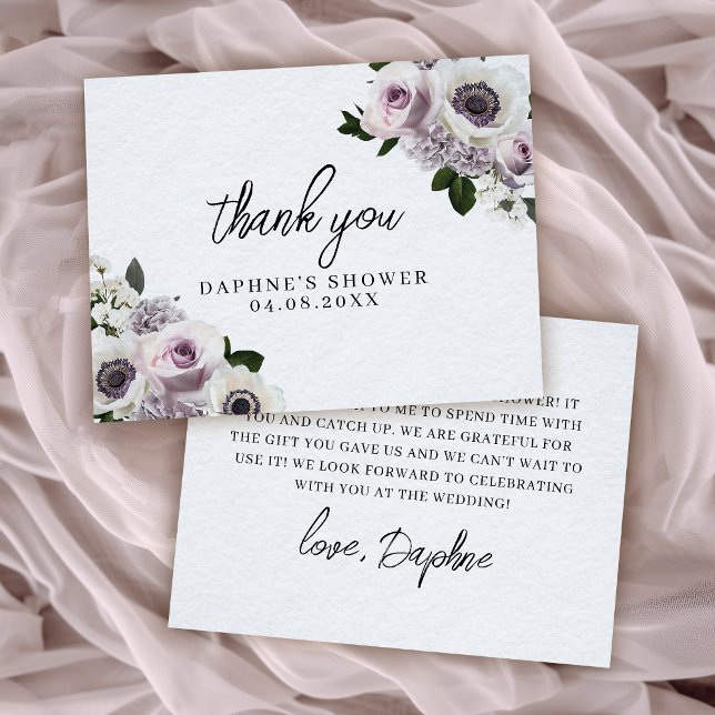 White Anemone and Purple Floral Bridal Shower Flat Thank You Card (Creator Uploaded)