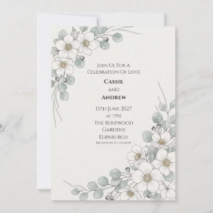 White Anemone Eucalyptus Botanical Wedding Invitation