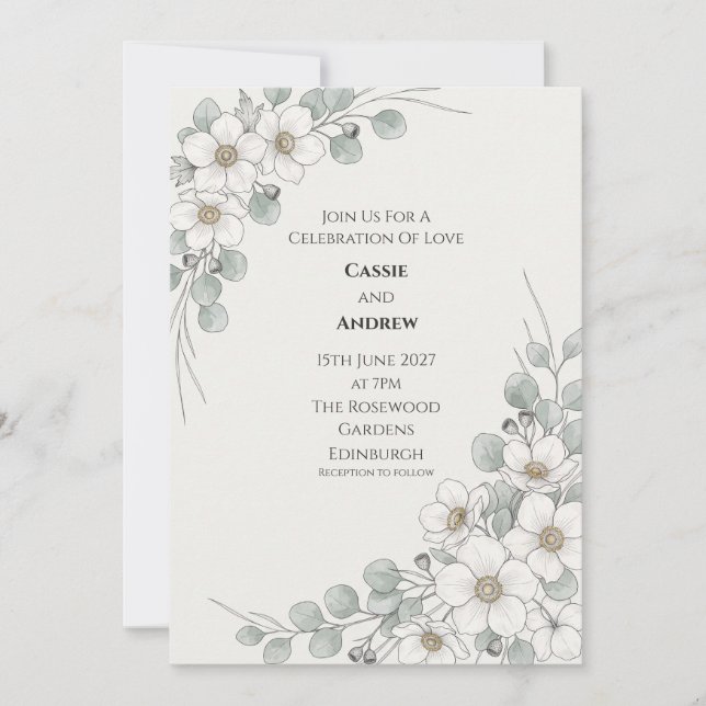 White Anemone Eucalyptus Botanical Wedding Invitation (Front)