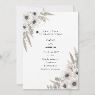 White Anemone Eucalyptus Ink Botanical Wedding Invitation