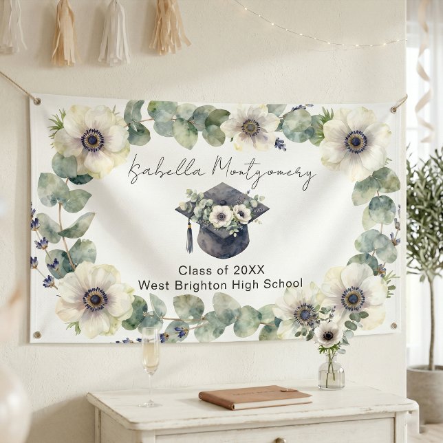 White Anemone Eucalyptus Watercolor Graduation Cap Banner (Creator Uploaded)