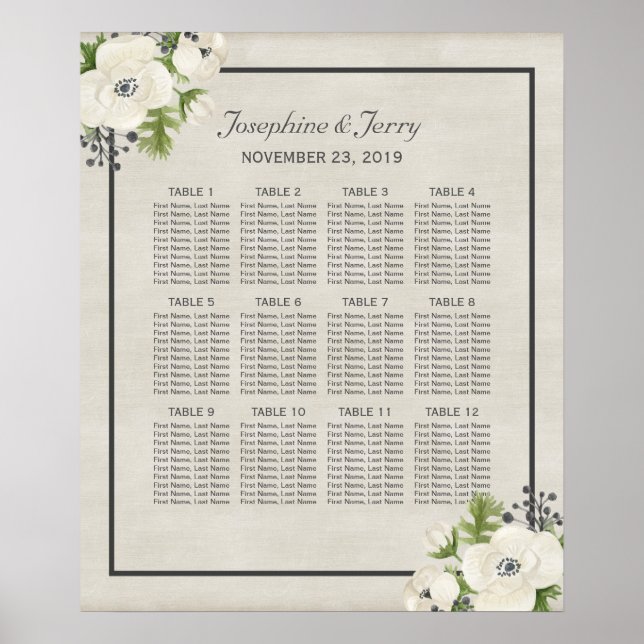 White Anemone Floral Wedding Seating Chart (Front)