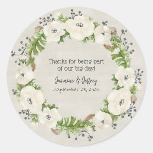 White Anemone Floral Wedding Thank You Classic Round Sticker
